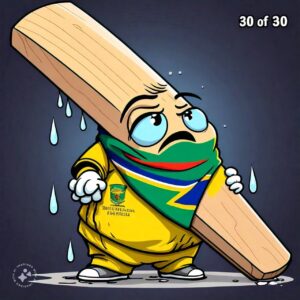 Funny cartoon depicting South Africa cricket bat failing reach the target